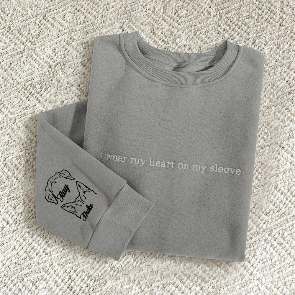 Best Sale!!Personalized Heart On My Sleeve Embroidered Sweatshirt Hoodie with Dog Cat Ears On Sleeve Gift For Any Pet Lovers