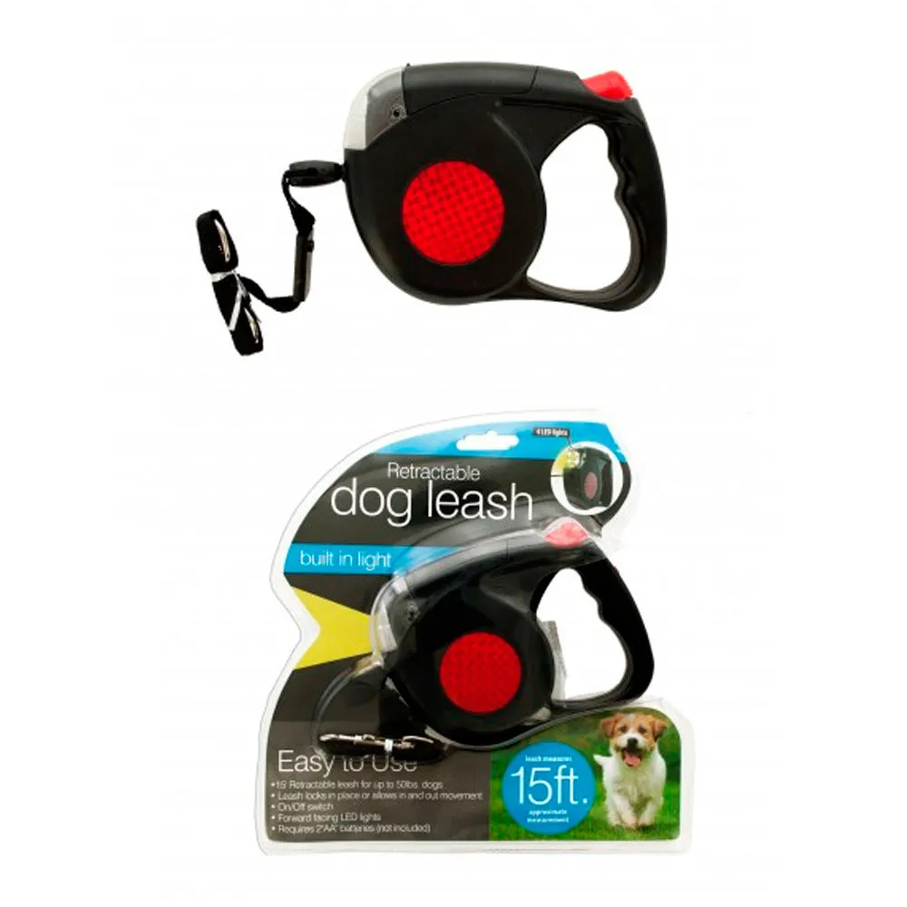 Retractable Dog Leash Black Automatic 15 Feet Long 4 LED Lights Strap Rope New